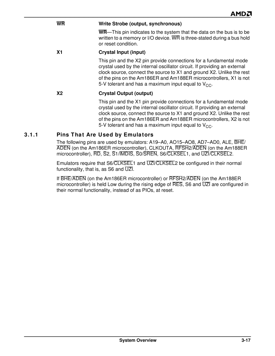 AMD Am188TMER, Am186TMER user manual Pins That Are Used by Emulators 