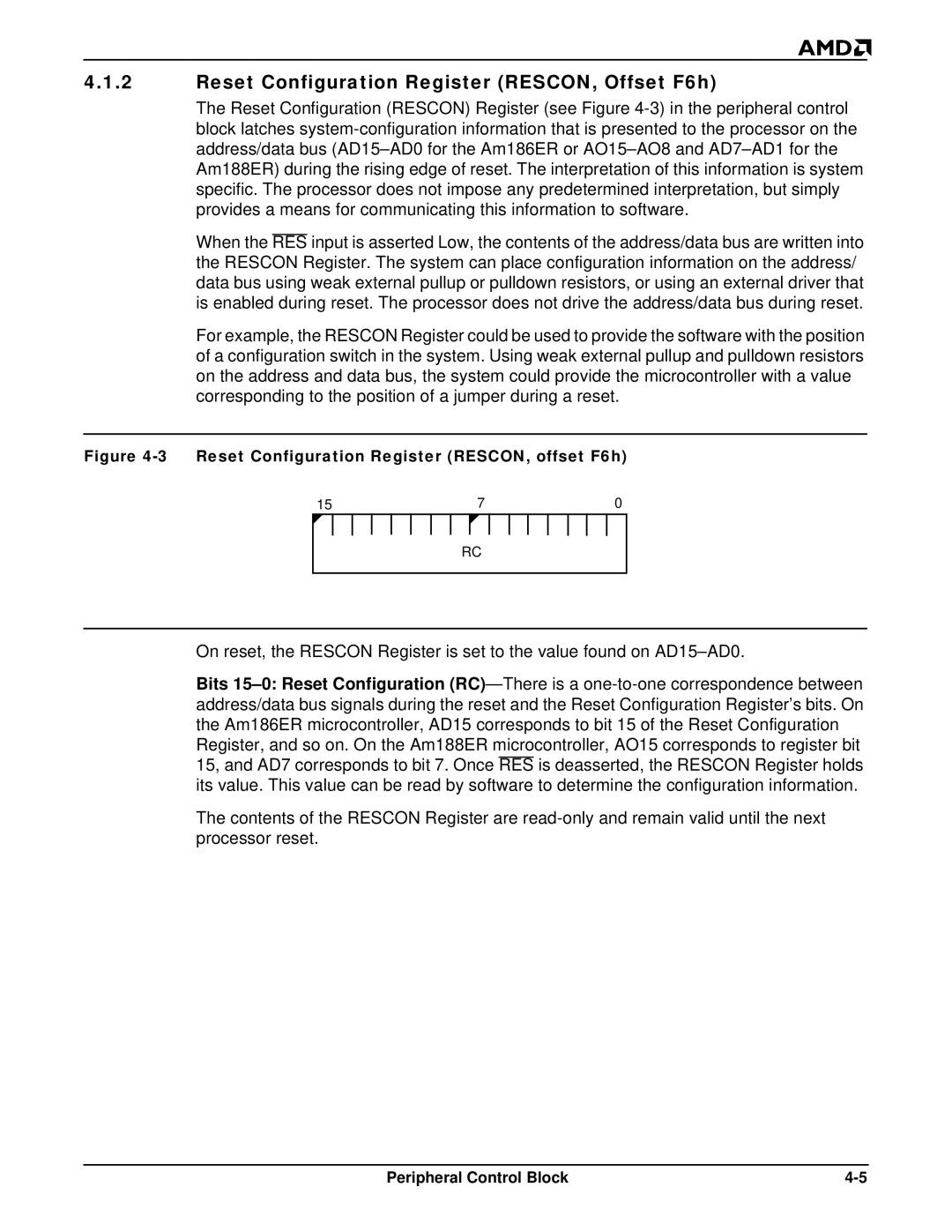 AMD Am188TMER, Am186TMER Reset Configuration Register RESCON, Offset F6h, Reset Configuration Register RESCON, offset F6h 