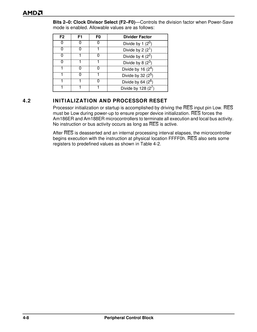 AMD Am186TMER, Am188TMER user manual Initialization and Processor Reset, Divider Factor 