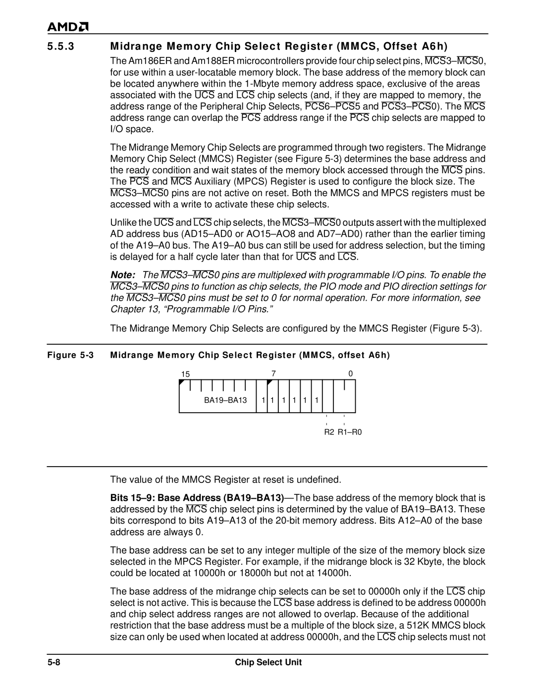 AMD Am186TMER Midrange Memory Chip Select Register MMCS, Offset A6h, Midrange Memory Chip Select Register MMCS, offset A6h 