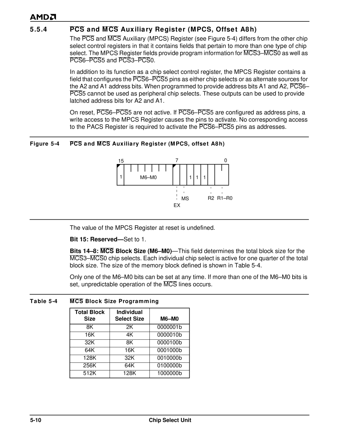 AMD Am186TMER PCS and MCS Auxiliary Register MPCS, Offset A8h, Bit 15 Reserved- Set to, MCS Block Size Programming 