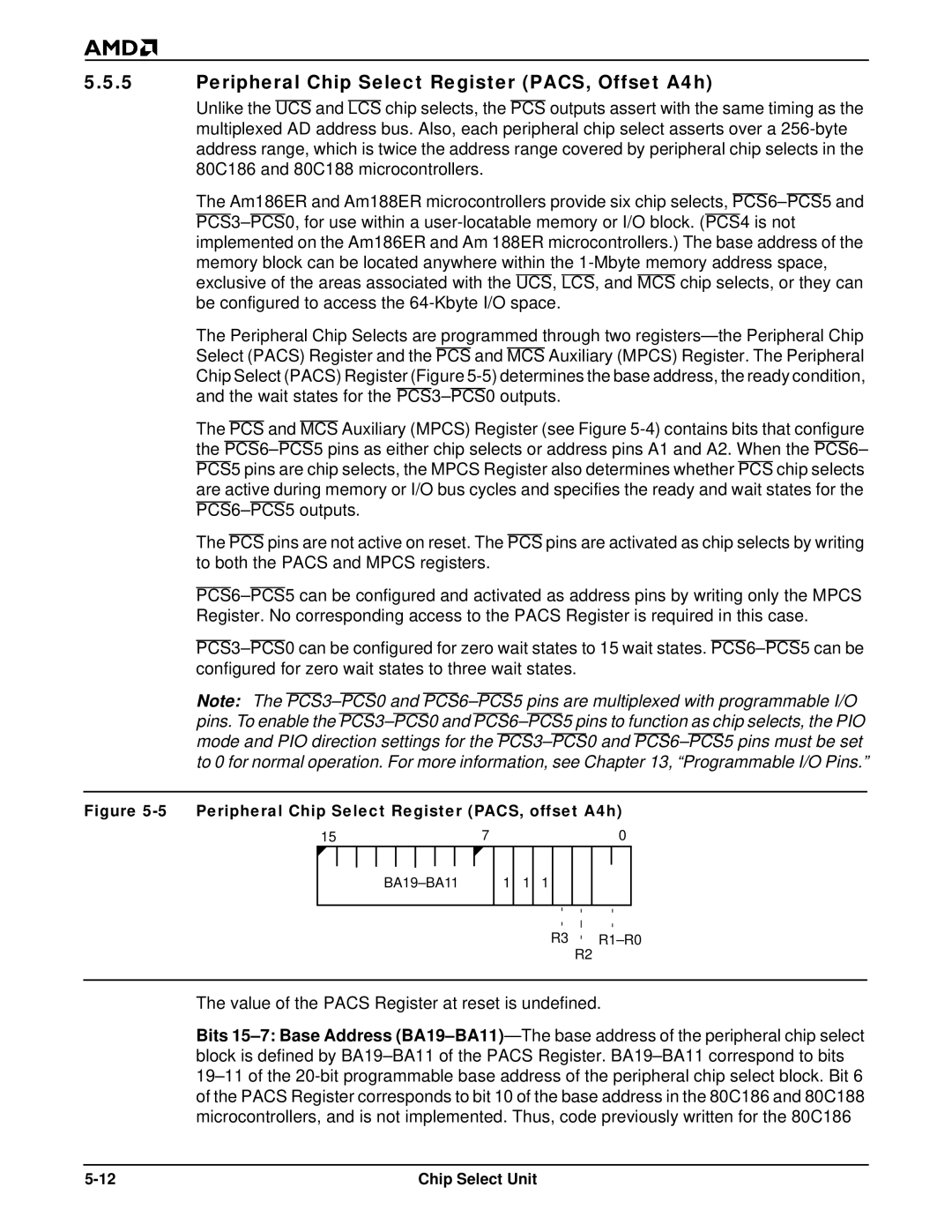 AMD Am186TMER Peripheral Chip Select Register PACS, Offset A4h, Peripheral Chip Select Register PACS, offset A4h 