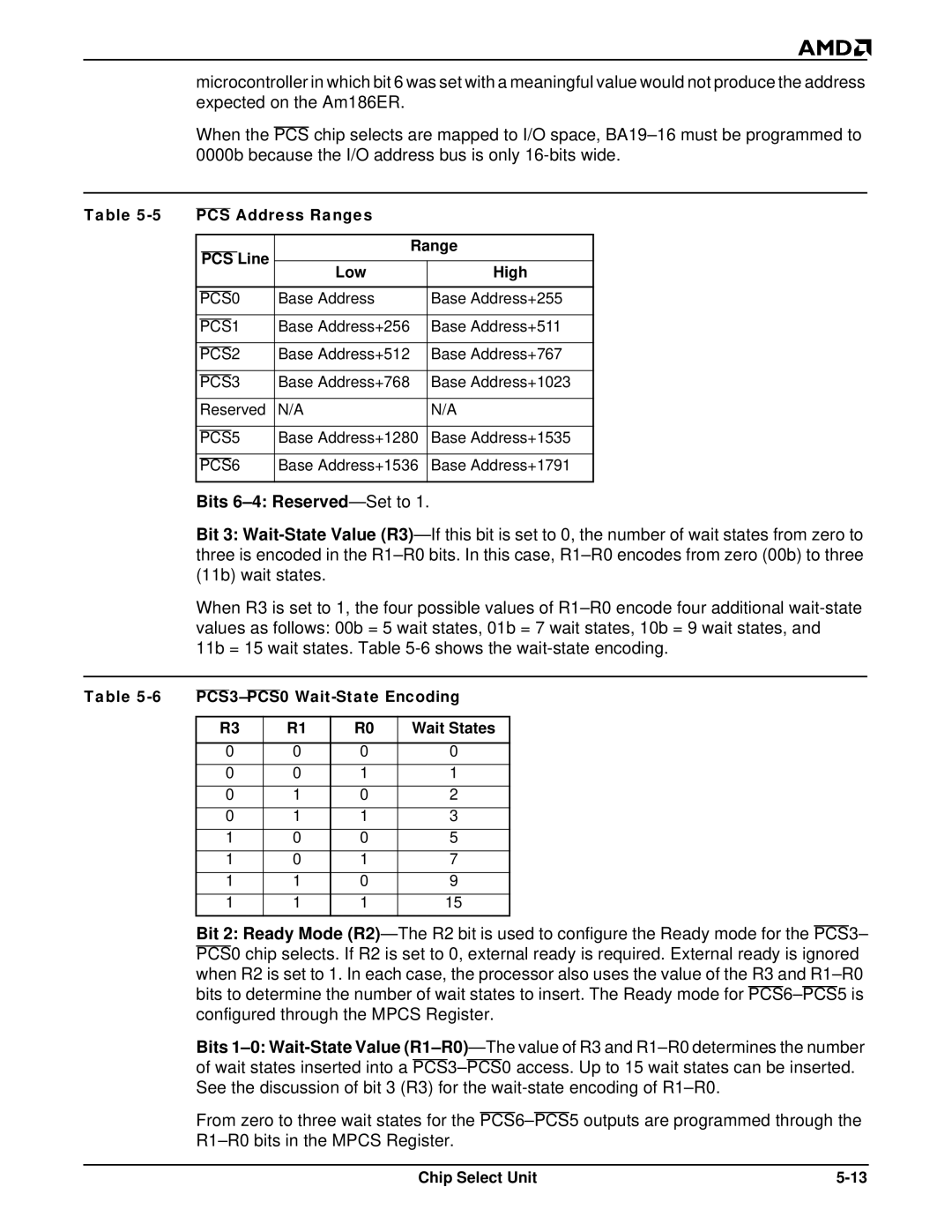 AMD Am188TMER Bits 6-4 Reserved -Set to, PCS Address Ranges Line, Low High, PCS3-PCS0 Wait-State Encoding Wait States 