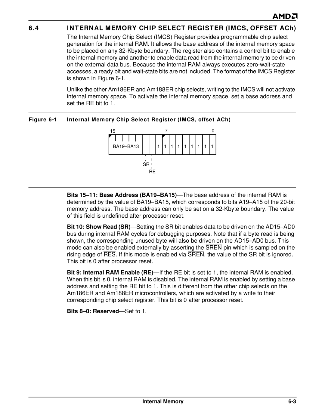 AMD Am188TMER, Am186TMER user manual Internal Memory Chip Select Register IMCS, Offset ACh, Bits 8-0 Reserved -Set to 