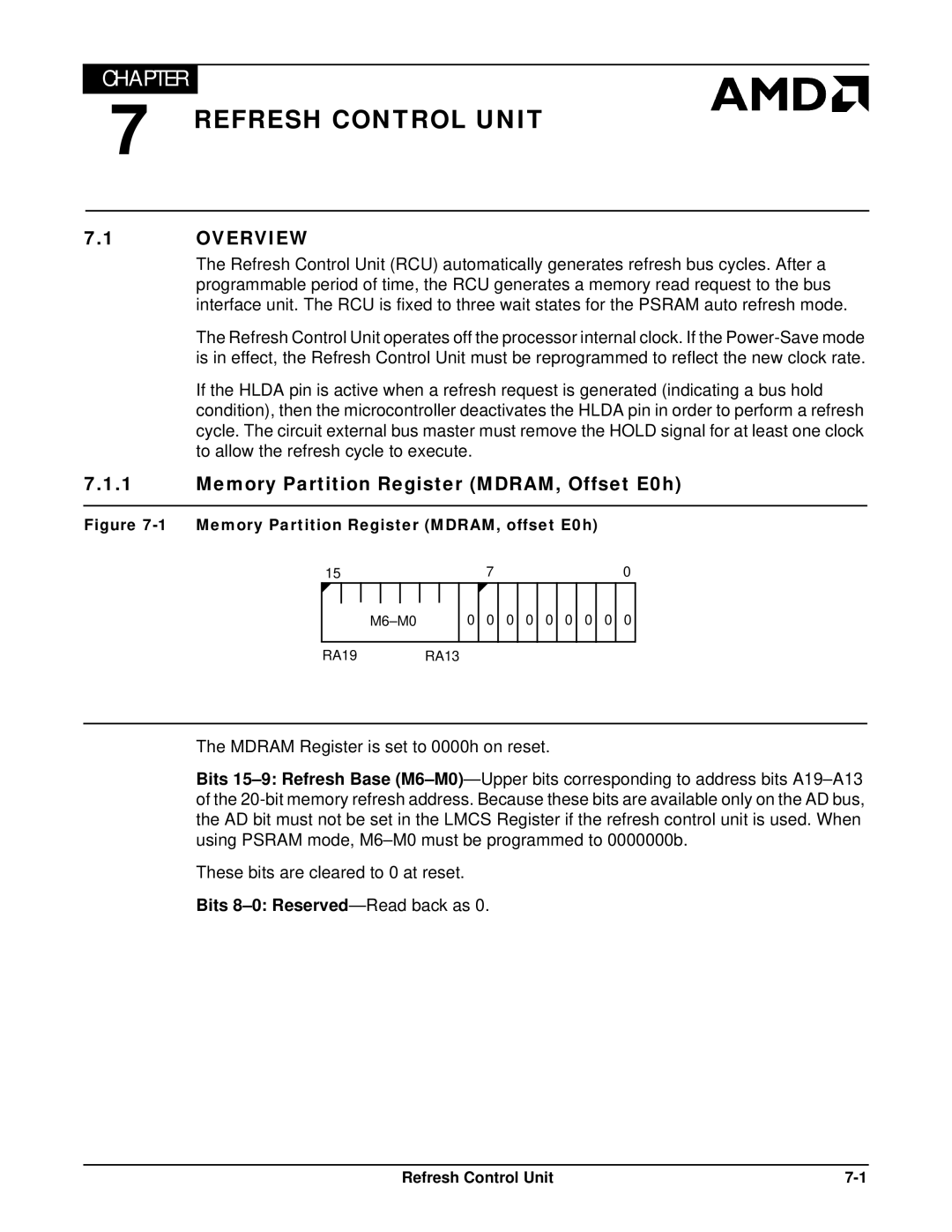 AMD Am188TMER Refresh Control Unit, Memory Partition Register MDRAM, Offset E0h, Bits 8-0 Reserved -Read back as 