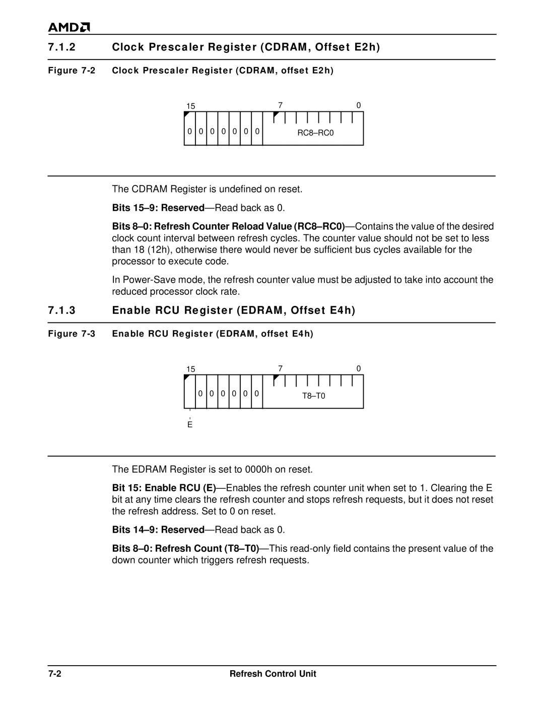 AMD Am186TMER, Am188TMER user manual Clock Prescaler Register CDRAM, Offset E2h, Enable RCU Register EDRAM, Offset E4h 