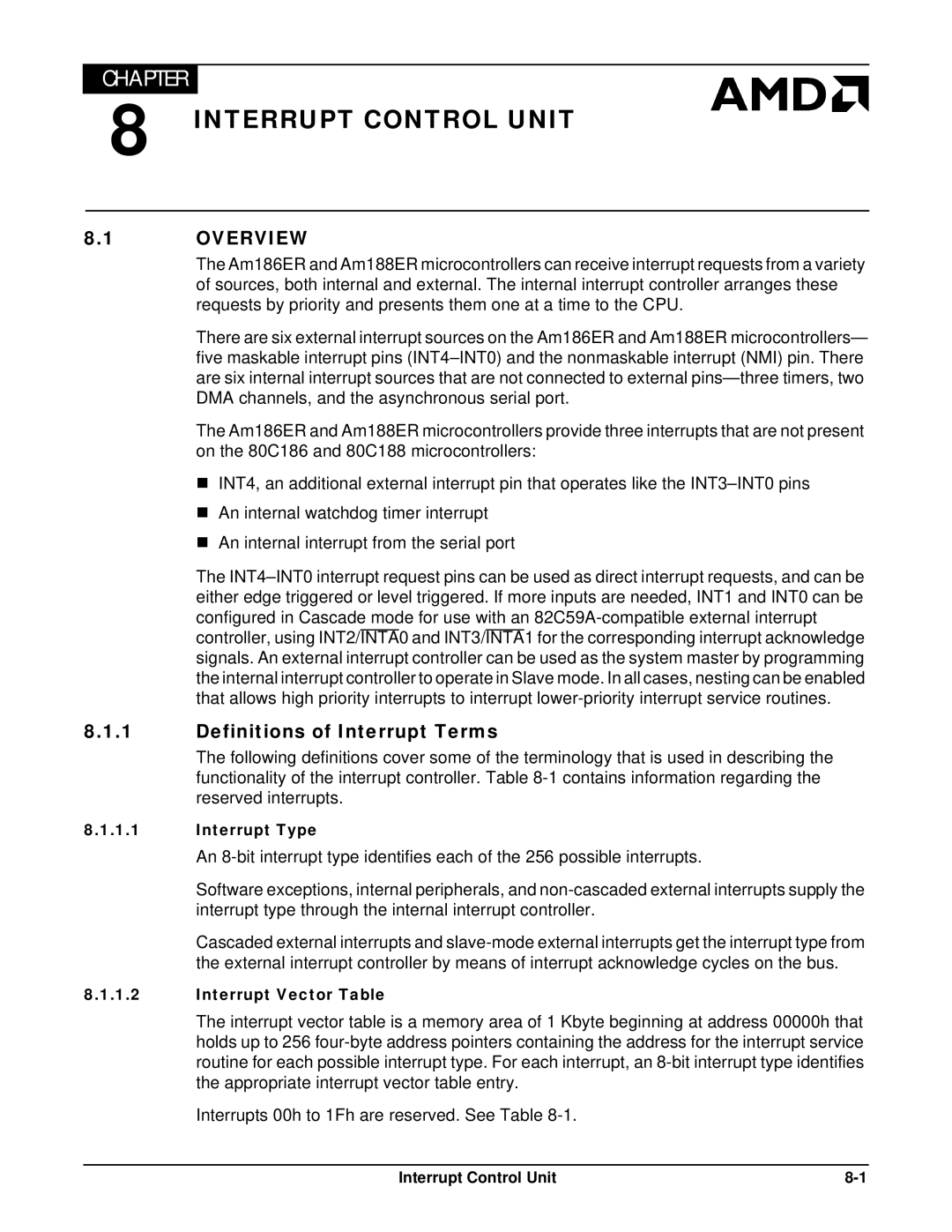 AMD Am188TMER, Am186TMER Interrupt Control Unit, Definitions of Interrupt Terms, Interrupt Type, Interrupt Vector Table 