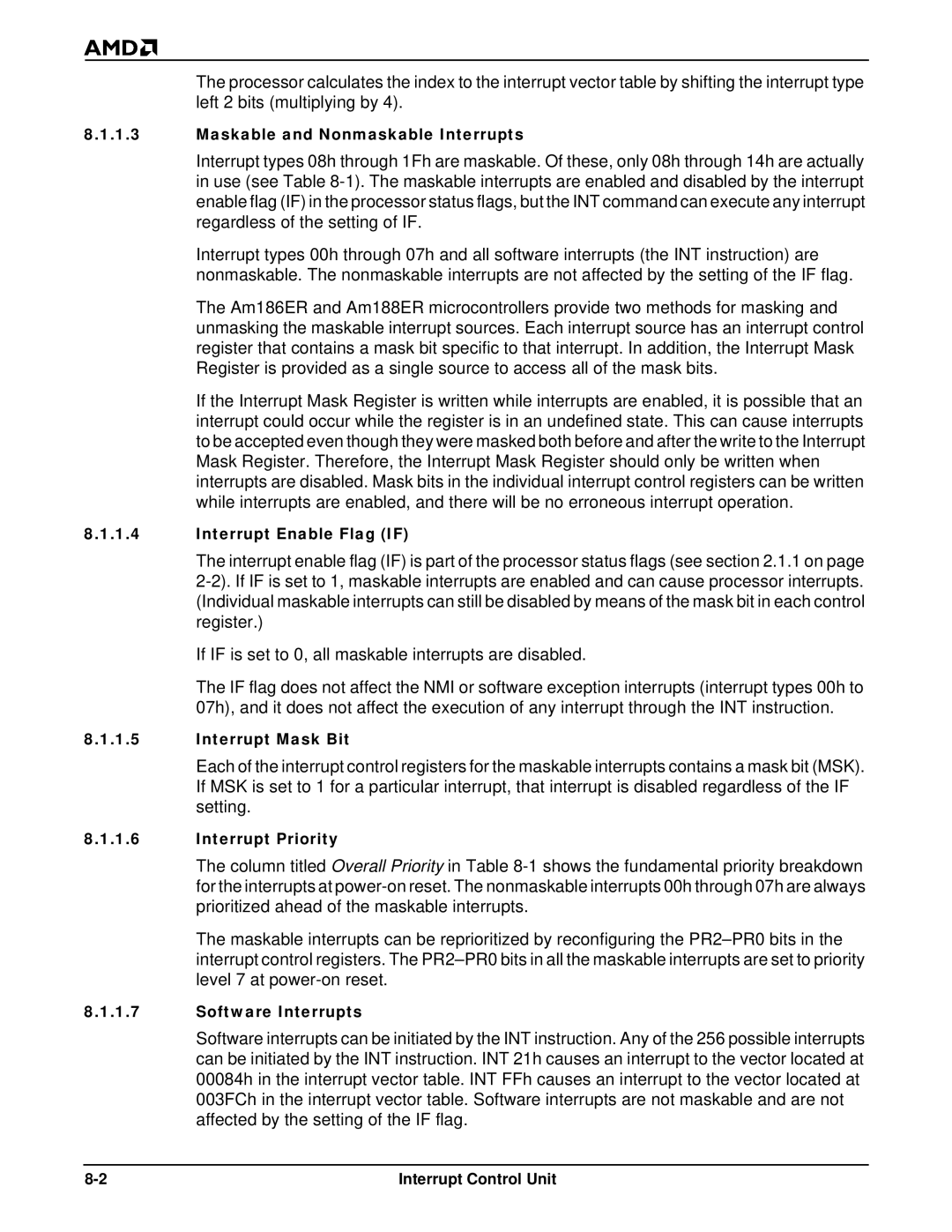 AMD Am186TMER Maskable and Nonmaskable Interrupts, Interrupt Enable Flag if, Interrupt Mask Bit, Interrupt Priority 