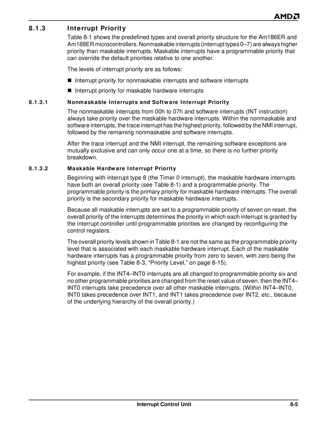 AMD Am188TMER, Am186TMER Nonmaskable Interrupts and Software Interrupt Priority, Maskable Hardware Interrupt Priority 