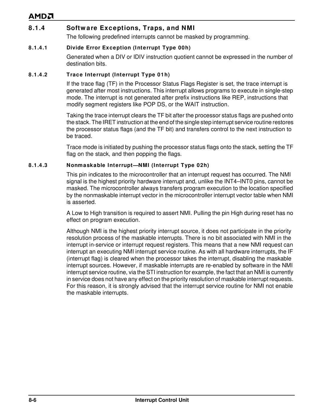 AMD Am186TMER, Am188TMER user manual Software Exceptions, Traps, and NMI, Divide Error Exception Interrupt Type 00h 