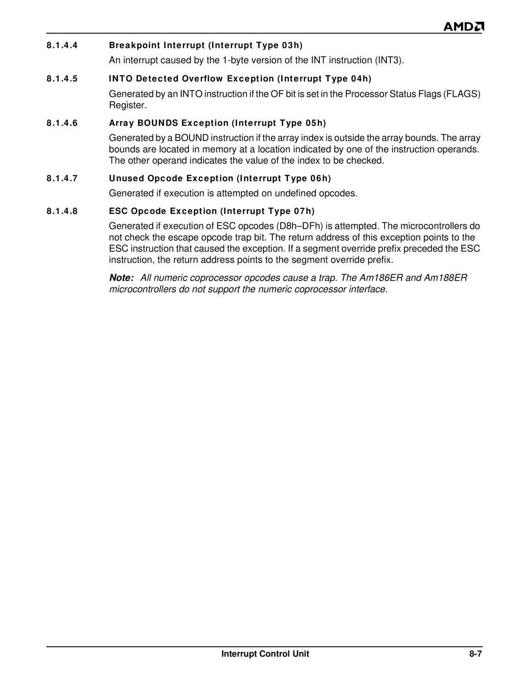 AMD Am188TMER, Am186TMER Breakpoint Interrupt Interrupt Type 03h, Into Detected Overflow Exception Interrupt Type 04h 