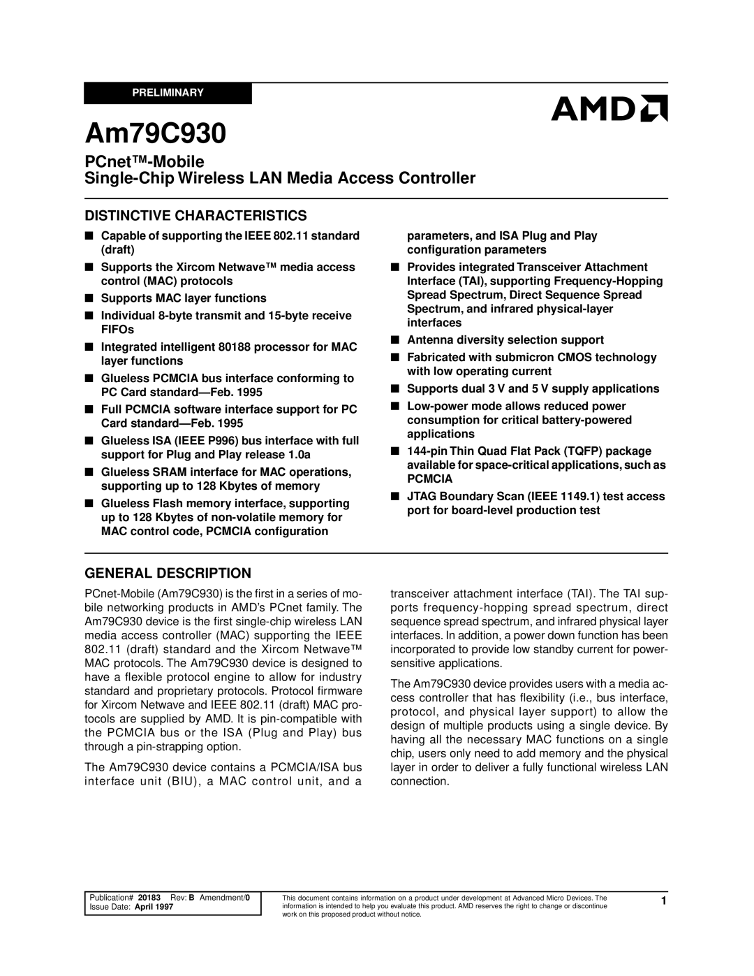 AMD Am79C930 manual 