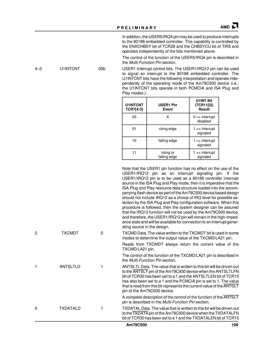 AMD manual U1INTCNT, Txcmdt, Antsltld, Txdatald, Am79C930 109 