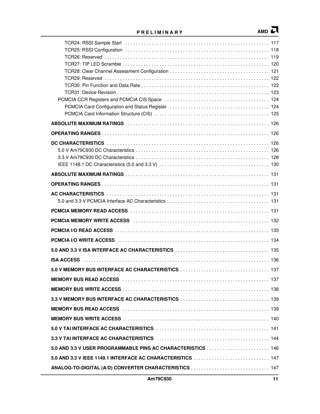 AMD Am79C930 manual Absolute Maximum Ratings, 126 