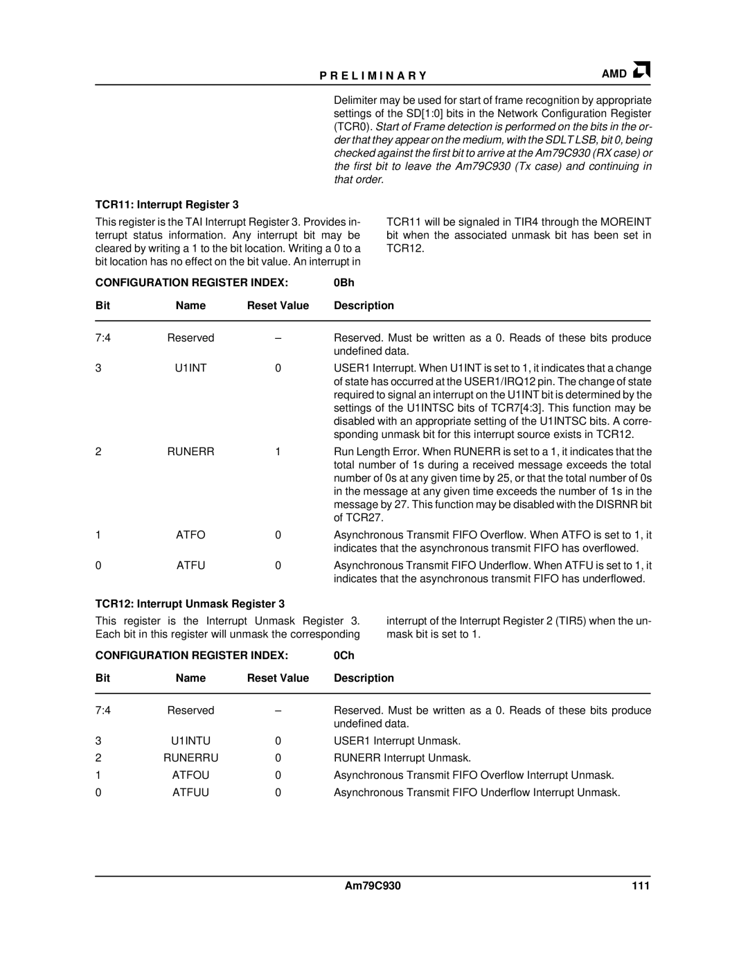 AMD manual TCR11 Interrupt Register, 0Bh, TCR12 Interrupt Unmask Register, 0Ch, Am79C930 111 