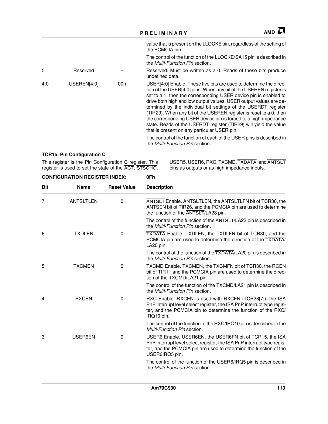 AMD manual TCR15 Pin Configuration C, 0Fh, Am79C930 113 