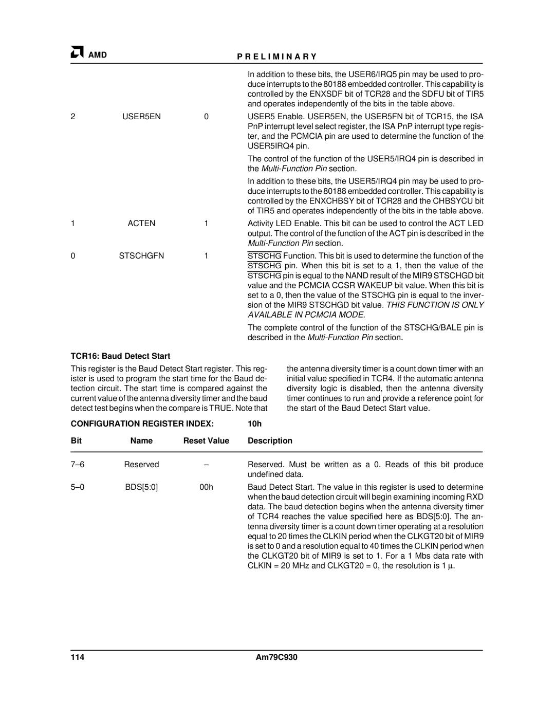 AMD Am79C930 manual Acten, Stschgfn, TCR16 Baud Detect Start, 10h 