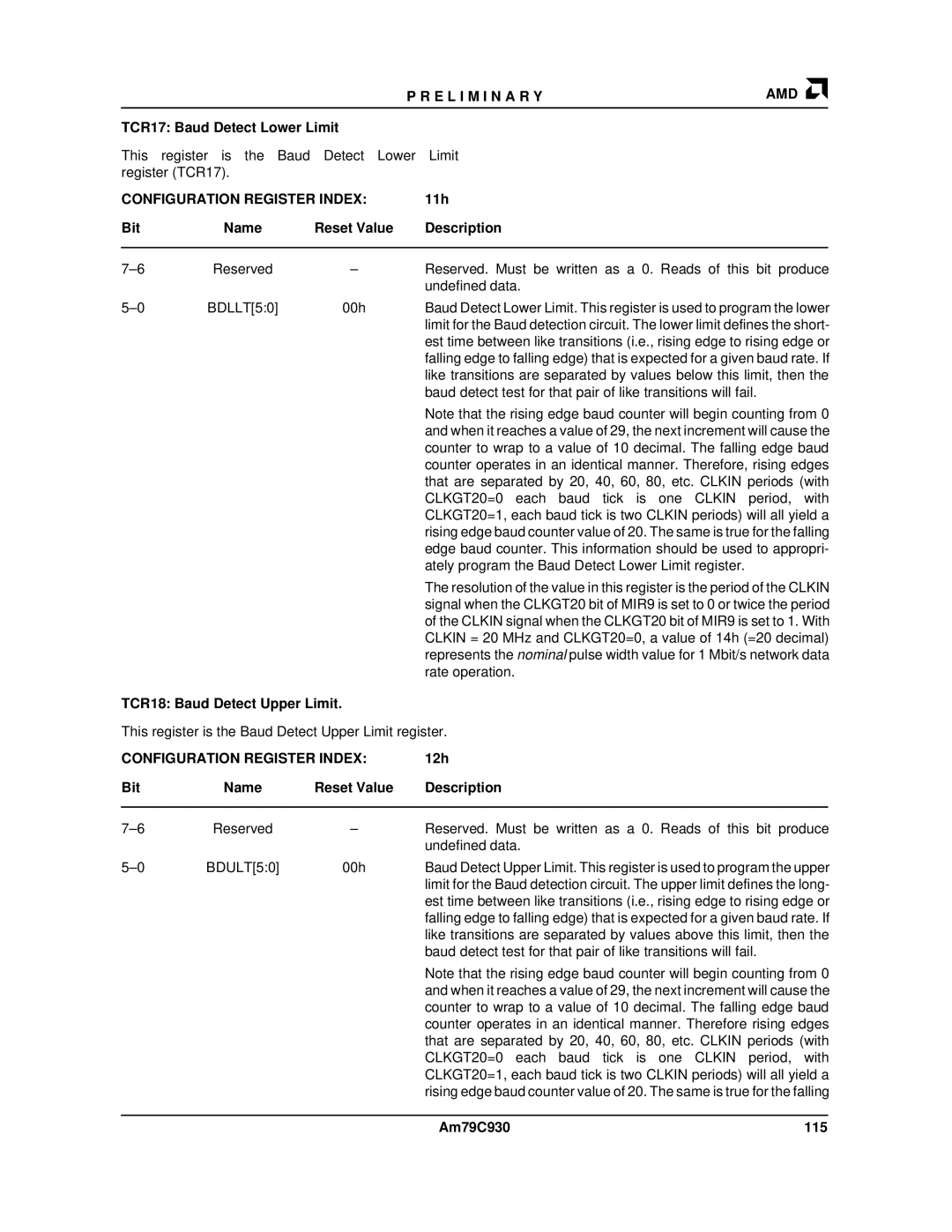 AMD manual 11h Bit Name Reset Value Description, Undefined data BDLLT50, TCR18 Baud Detect Upper Limit, Am79C930 115 