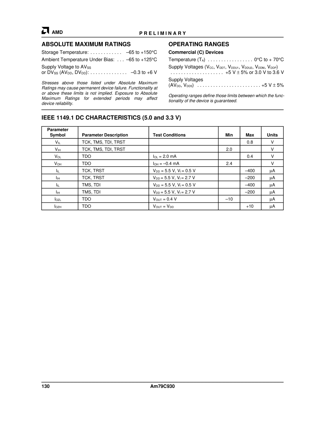 AMD Am79C930 manual Ieee 1149.1 DC Characteristics 5.0 and 3.3, 130 