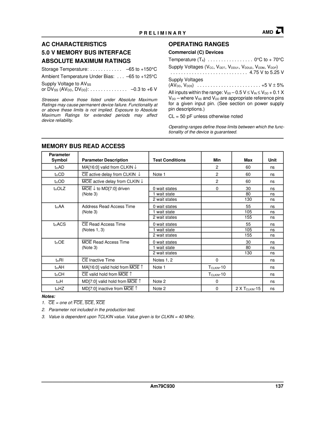 AMD manual Memory BUS Read Access, Am79C930 137 