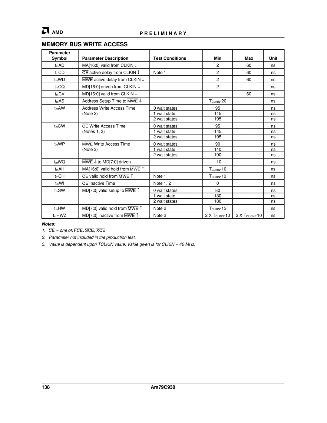 AMD Am79C930 manual Memory BUS Write Access, 138 