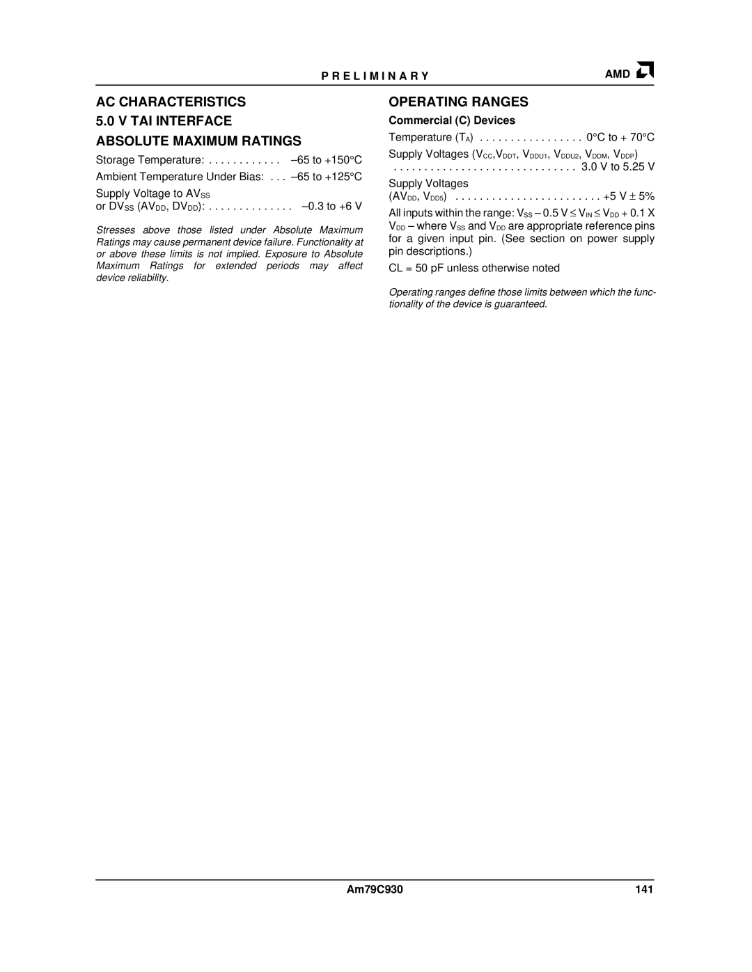 AMD manual AC Characteristics TAI Interface Absolute Maximum Ratings, Am79C930 141 