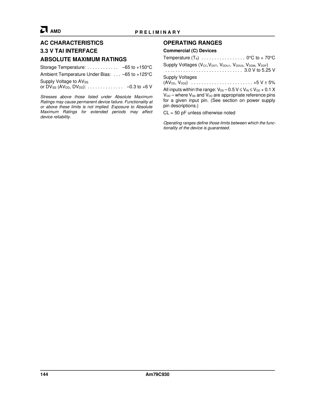 AMD Am79C930 manual AC Characteristics TAI Interface Absolute Maximum Ratings, 144 