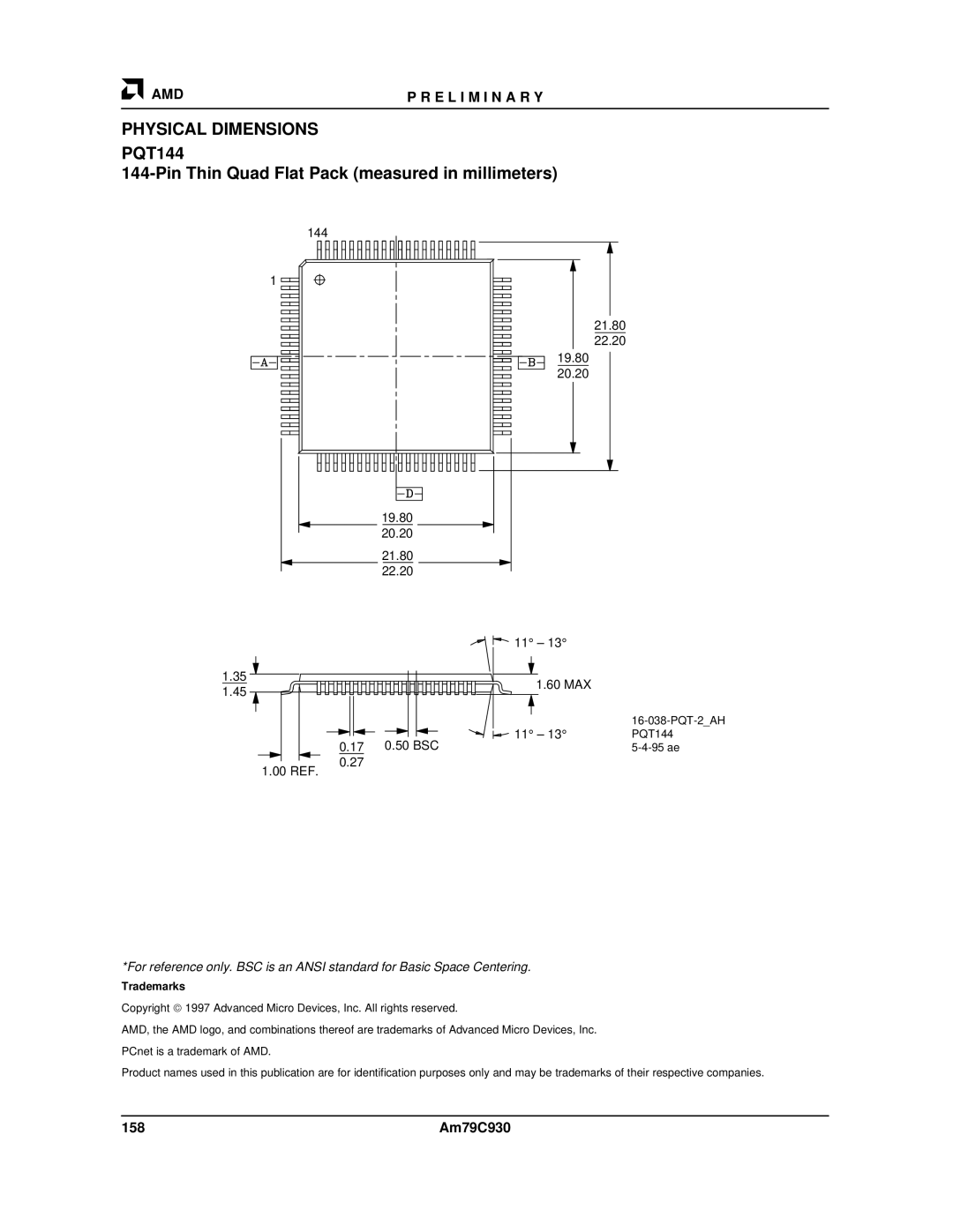 AMD Am79C930 manual Physical Dimensions, PQT144 Pin Thin Quad Flat Pack measured in millimeters, 158 