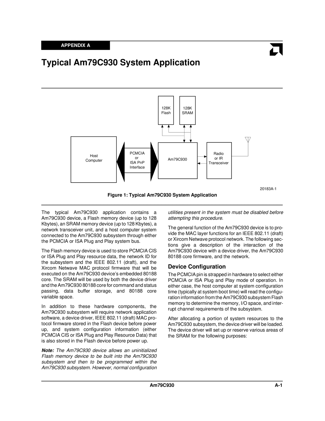 AMD manual Device Configuration, Typical Am79C930 System Application 