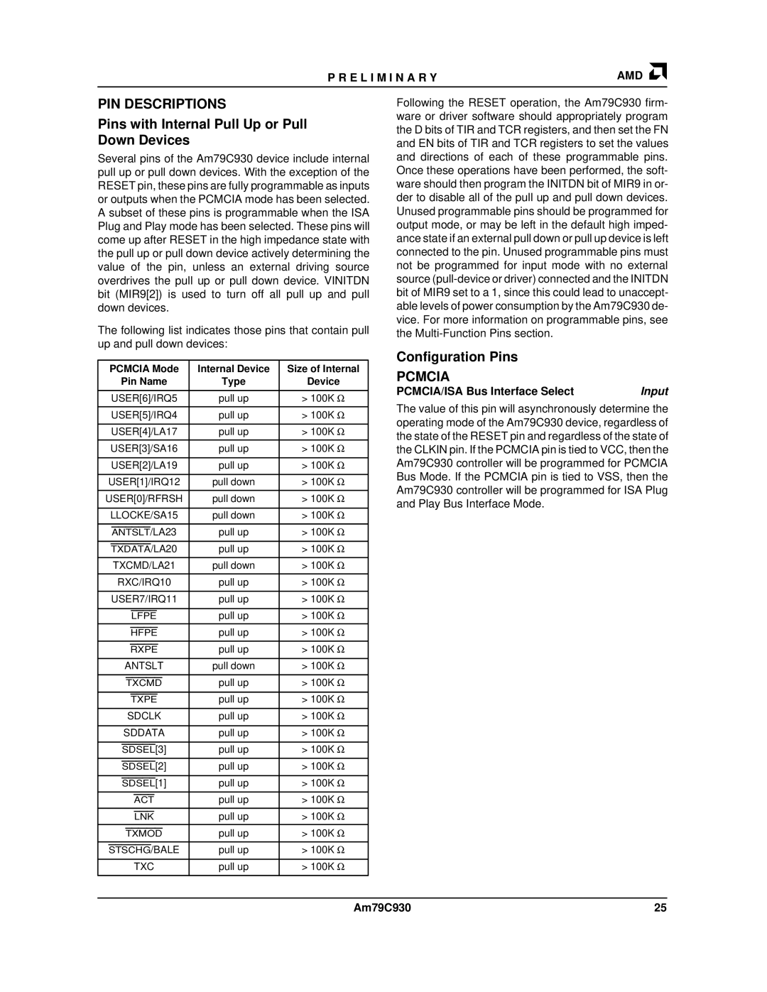 AMD Am79C930 manual PIN Descriptions, Pins with Internal Pull Up or Pull Down Devices, Configuration Pins, Pcmcia, Input 