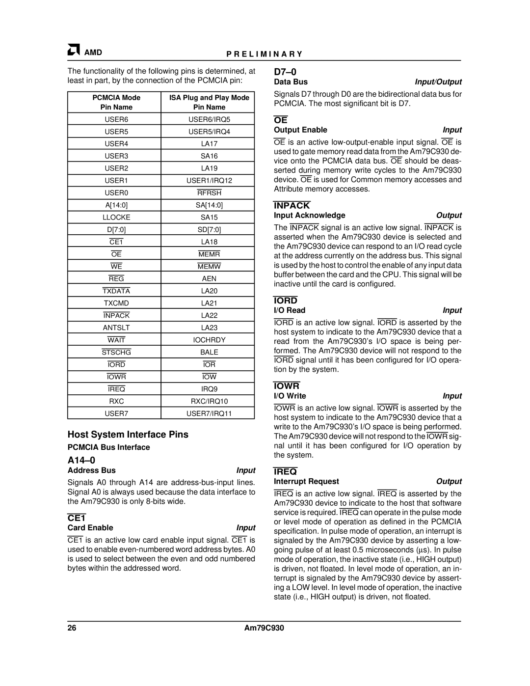 AMD Am79C930 manual Host System Interface Pins, A14-0, D7-0, Input/Output 