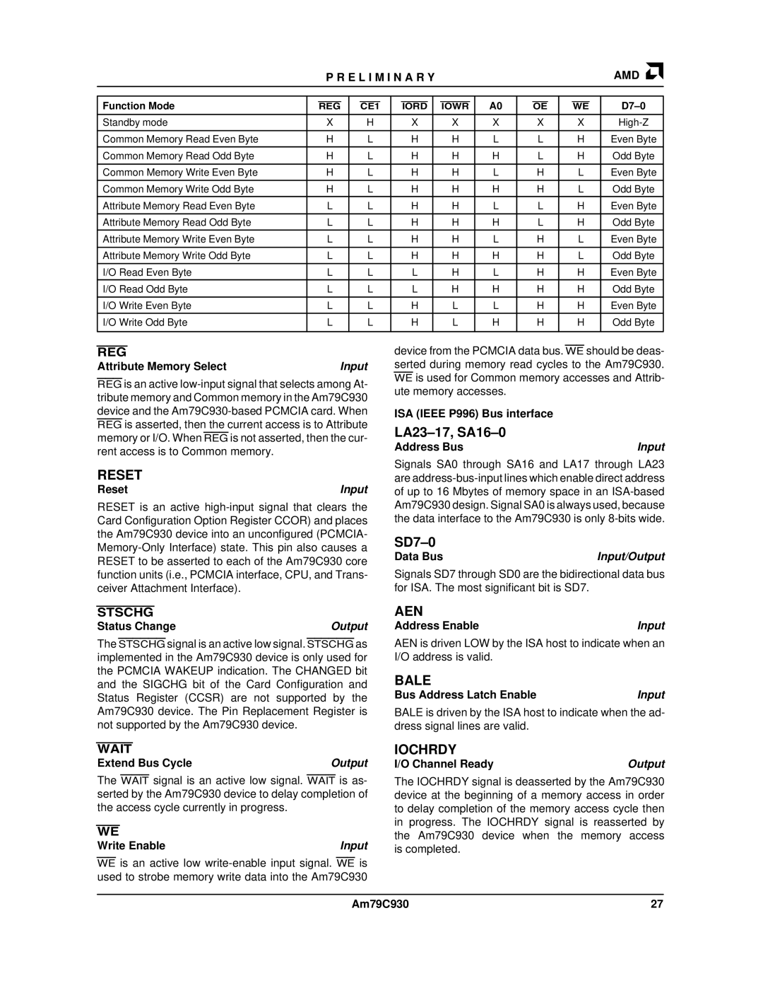 AMD Am79C930 manual Reset, Aen, Bale, Iochrdy 