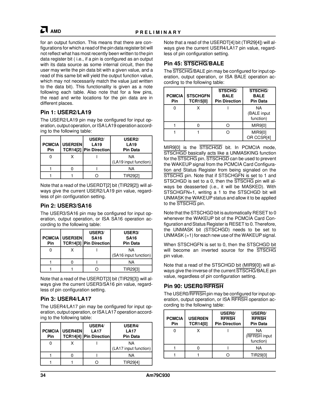 AMD Am79C930 manual Pin 1 USER2/LA19, Pin 2 USER3/SA16, Pin 3 USER4/LA17, Pin 45 STSCHG/BALE, Pin 90 USER0/RFRSH 
