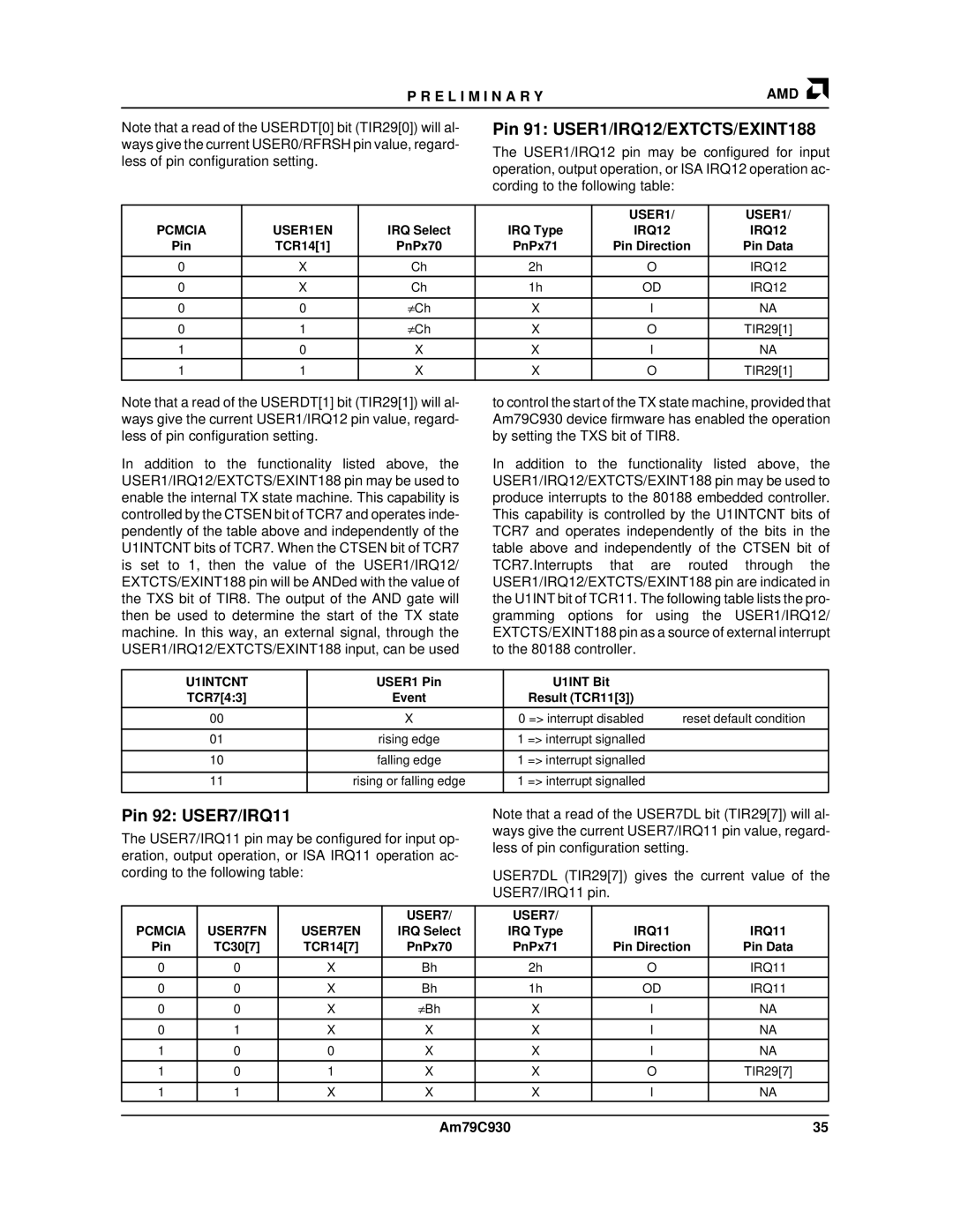 AMD Am79C930 manual Pin 91 USER1/IRQ12/EXTCTS/EXINT188, Pin 92 USER7/IRQ11 