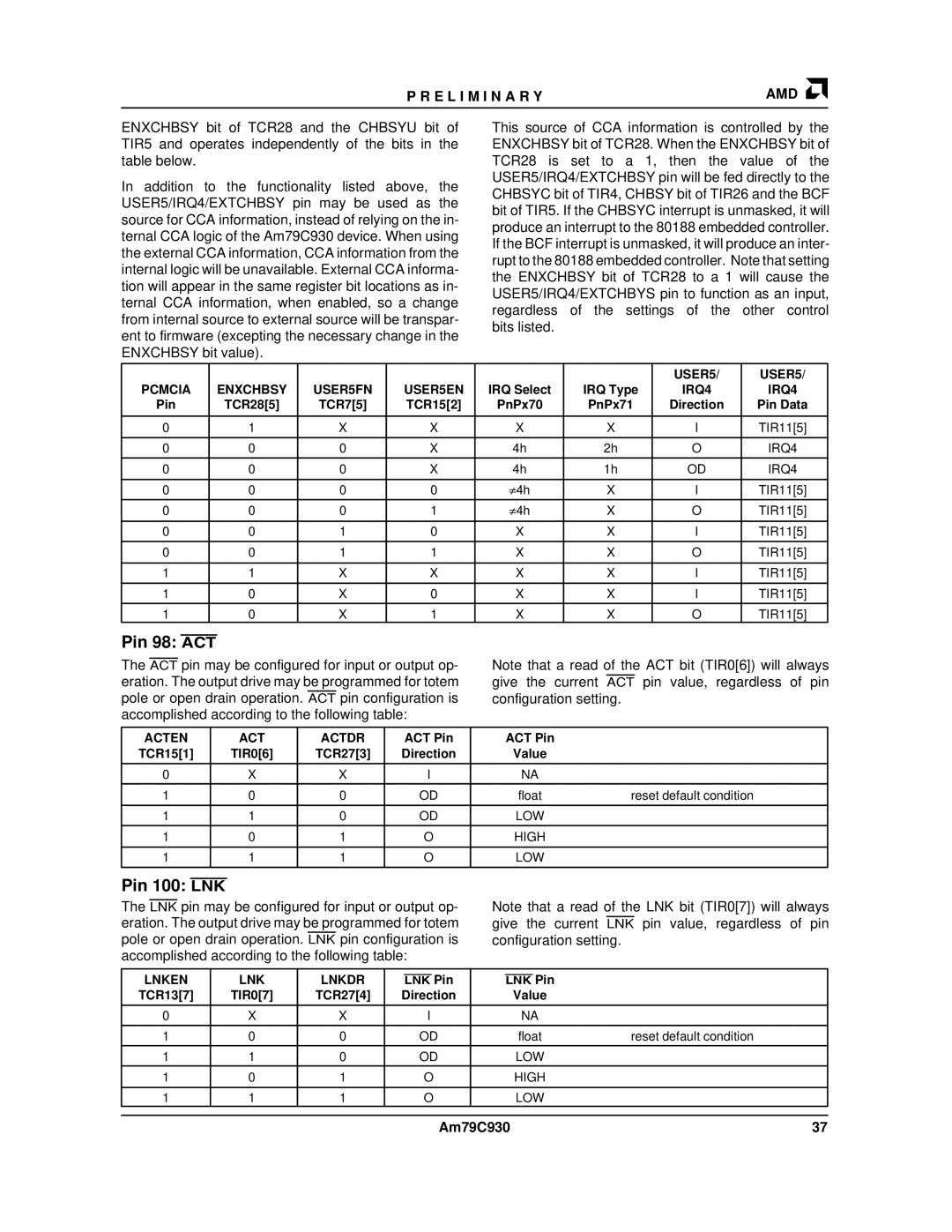 AMD Am79C930 manual Pin 98 ACT, Pin 100 LNK 