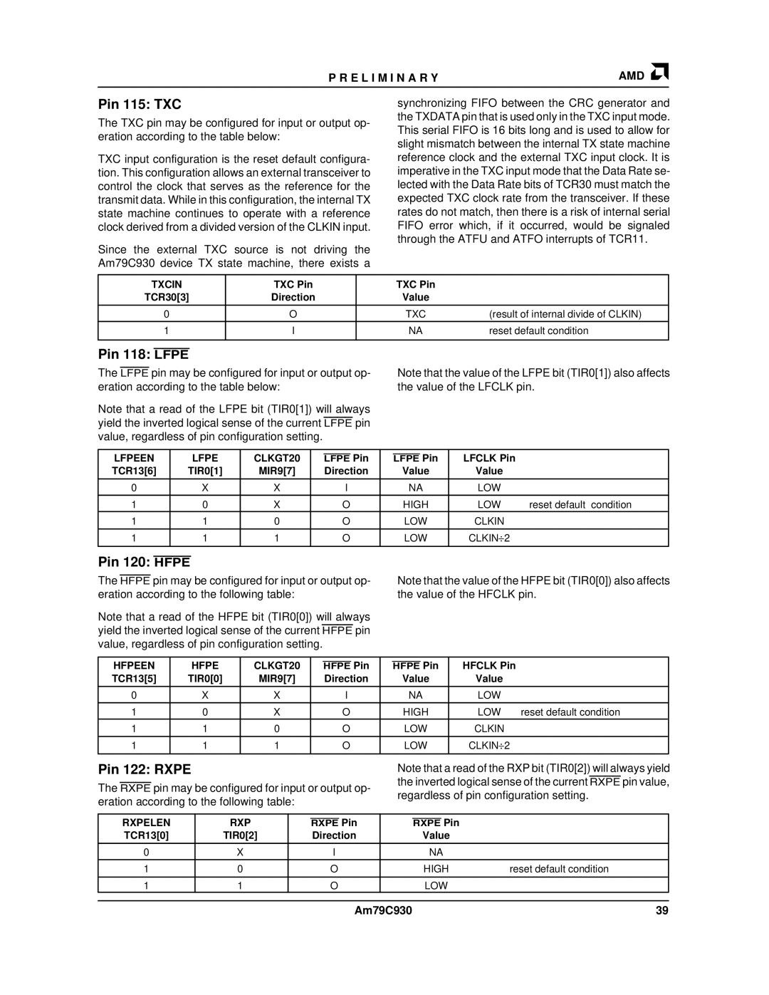 AMD Am79C930 manual Pin 115 TXC, Pin 118 Lfpe, Pin 120 Hfpe, Pin 122 Rxpe 