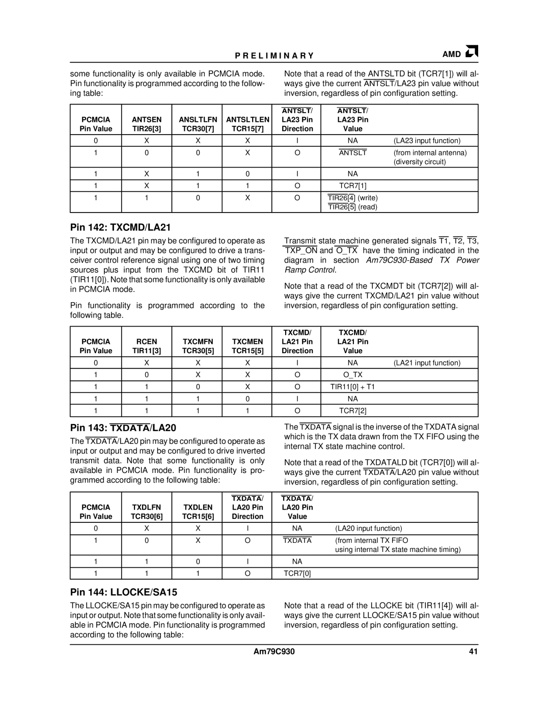 AMD Am79C930 manual Pin 142 TXCMD/LA21, Pin 143 TXDATA/LA20, Pin 144 LLOCKE/SA15 