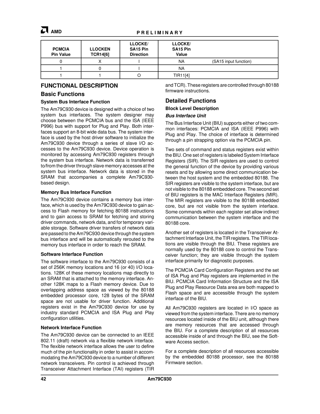 AMD Am79C930 manual Functional Description, Basic Functions, Detailed Functions, Bus Interface Unit 