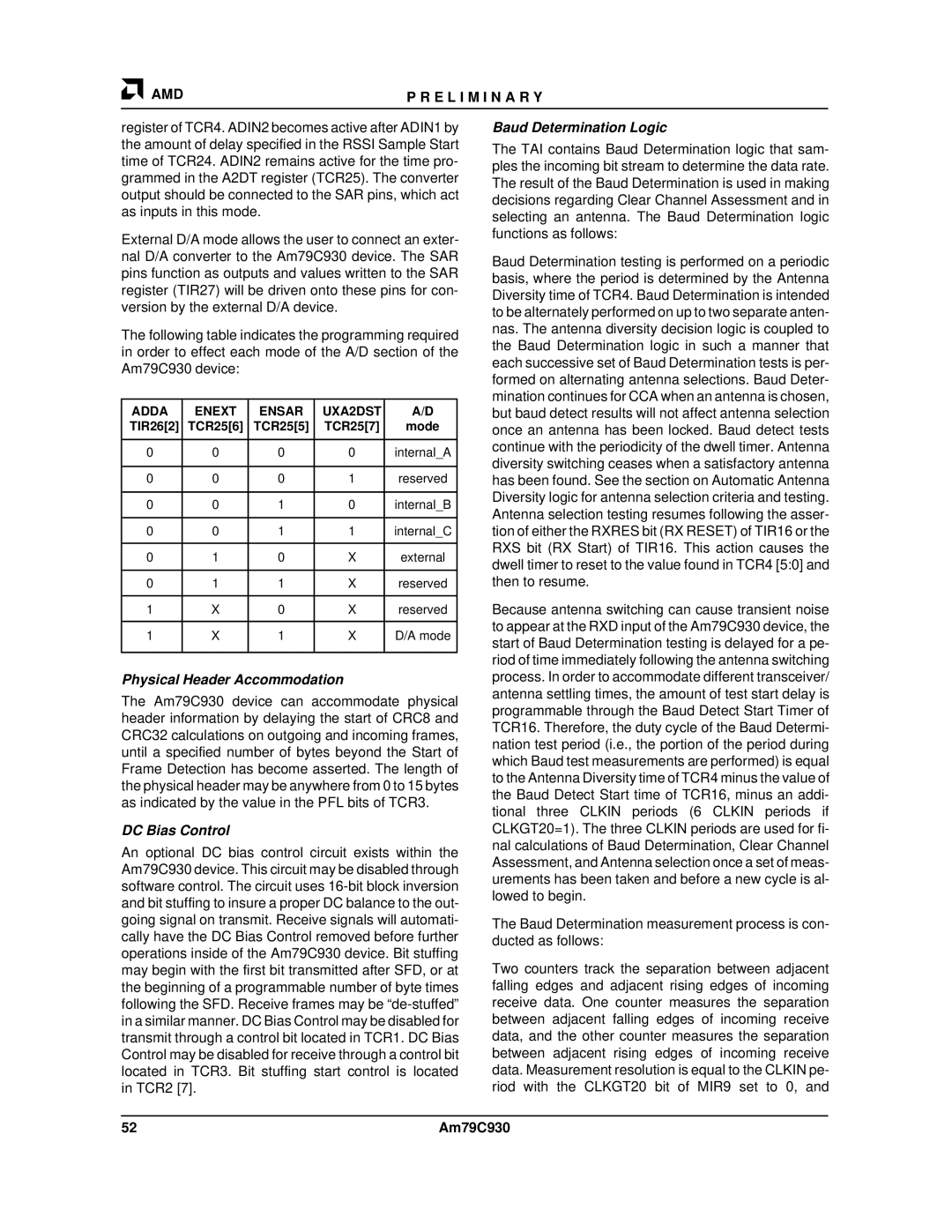 AMD Am79C930 manual Physical Header Accommodation, DC Bias Control, Baud Determination Logic, Adda Enext Ensar UXA2DST 