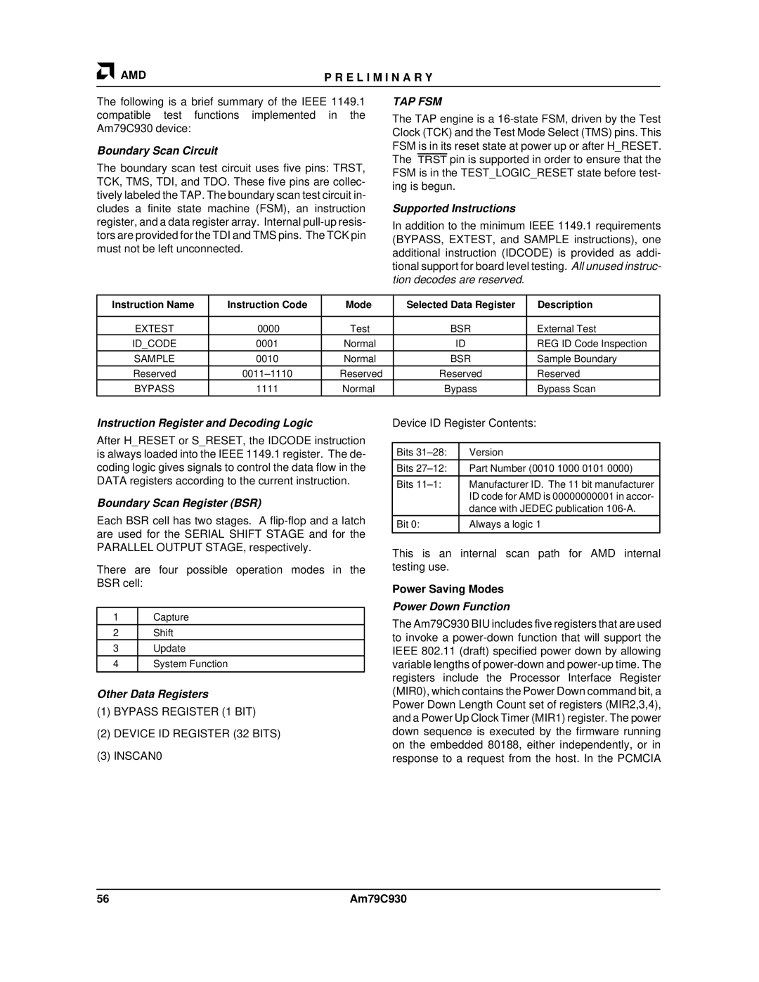 AMD Am79C930 Boundary Scan Circuit, Supported Instructions, Instruction Register and Decoding Logic, Other Data Registers 