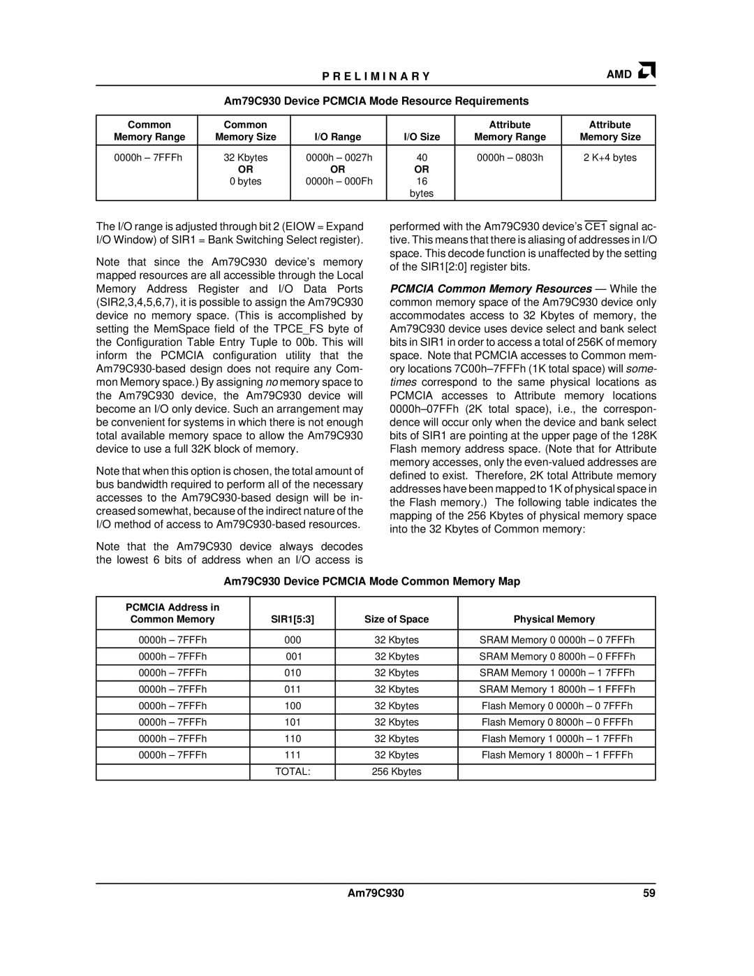 AMD manual Am79C930 Device Pcmcia Mode Resource Requirements, Am79C930 Device Pcmcia Mode Common Memory Map 