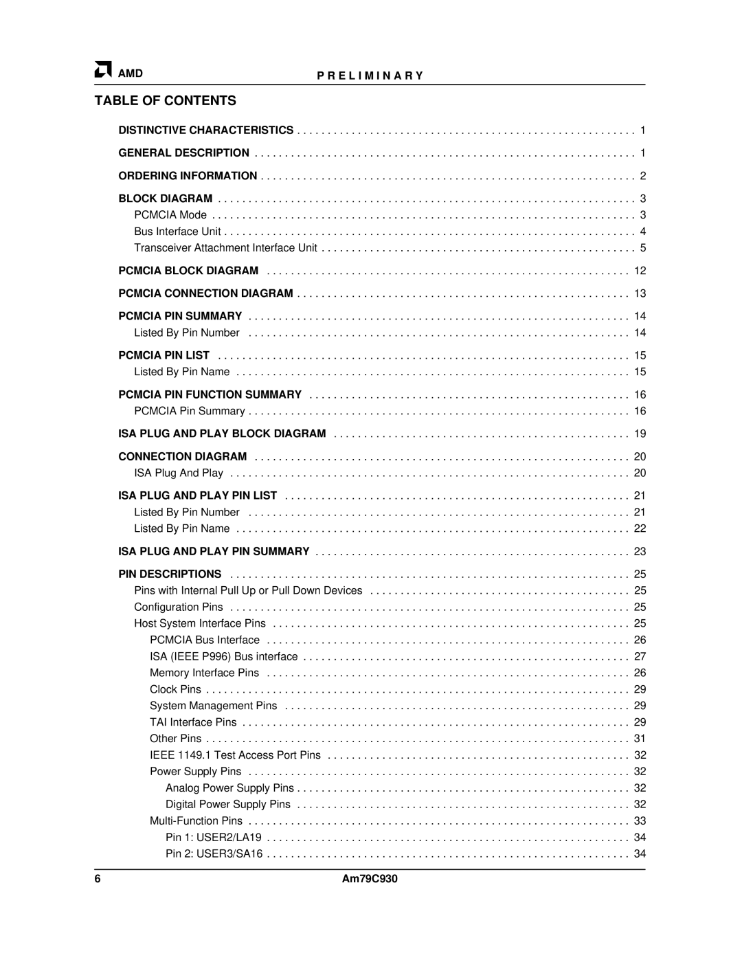 AMD Am79C930 manual Table of Contents 