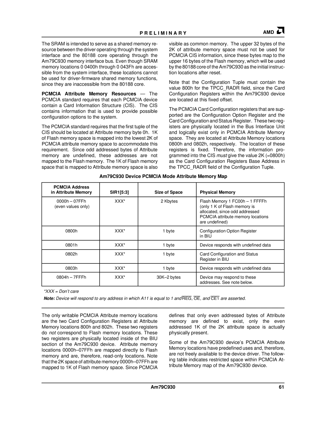 AMD manual Am79C930 Device Pcmcia Mode Attribute Memory Map, Xxx 