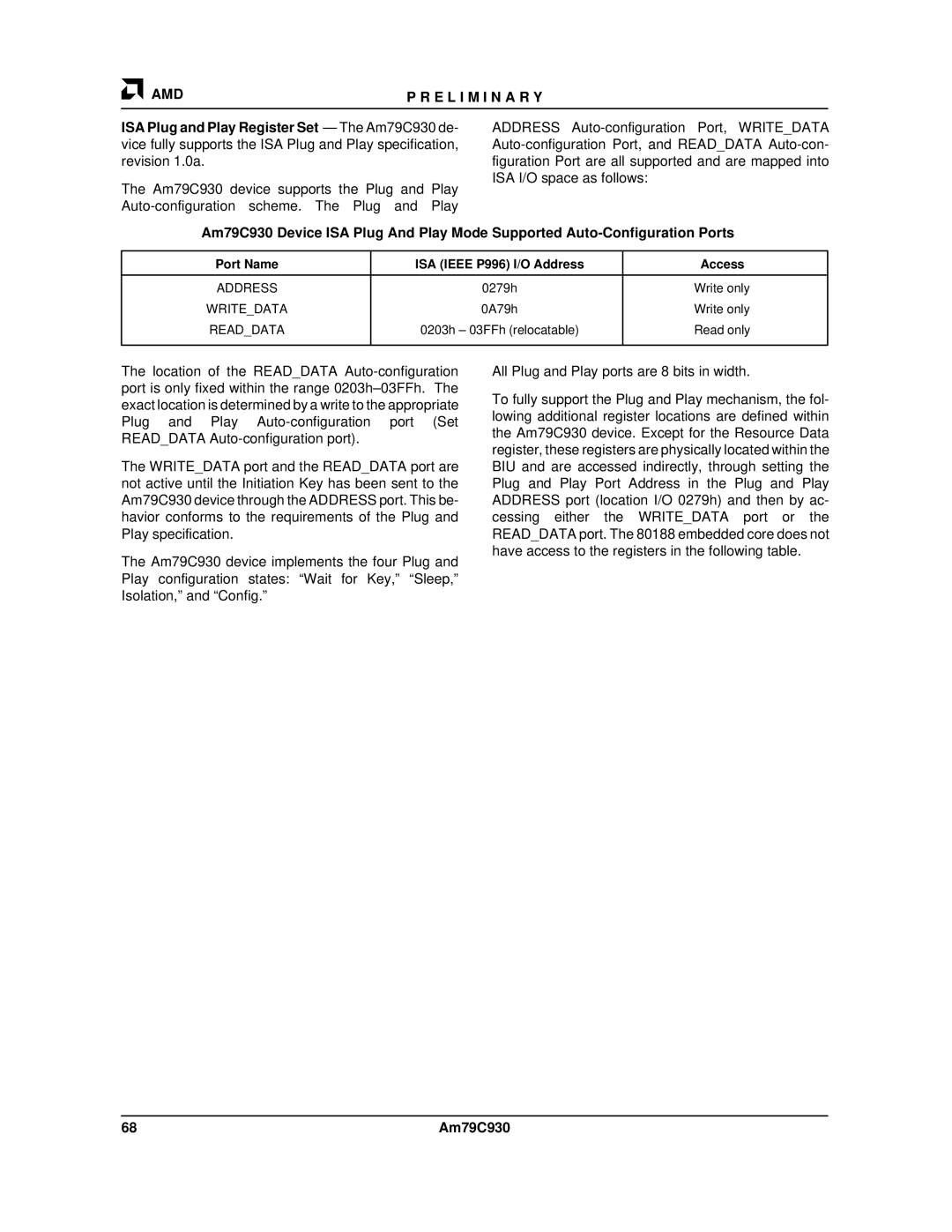 AMD Am79C930 manual Port Name ISA Ieee P996 I/O Address Access, Writedata, Readdata 