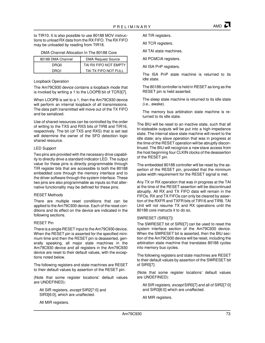 AMD Am79C930 manual DMA Channel Allocation In The 80188 Core, Loopback Operation, LED Support, Reset Methods, Reset Pin 