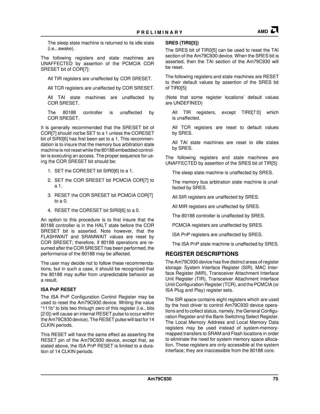 AMD Am79C930 manual Register Descriptions, ISA PnP Reset, Sres TIR05 