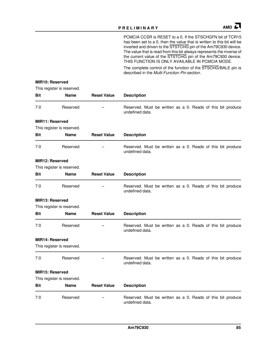 AMD Am79C930 manual MIR10 Reserved, This register is reserved, Reserved. Must be written as a 0. Reads of this bit produce 