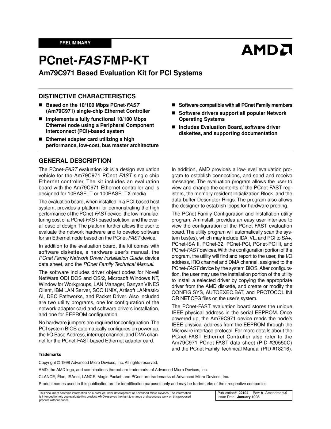 AMD AM79C971 technical manual PCnet-FAST-MP-KT, Am79C971 Based Evaluation Kit for PCI Systems, Distinctive Characteristics 