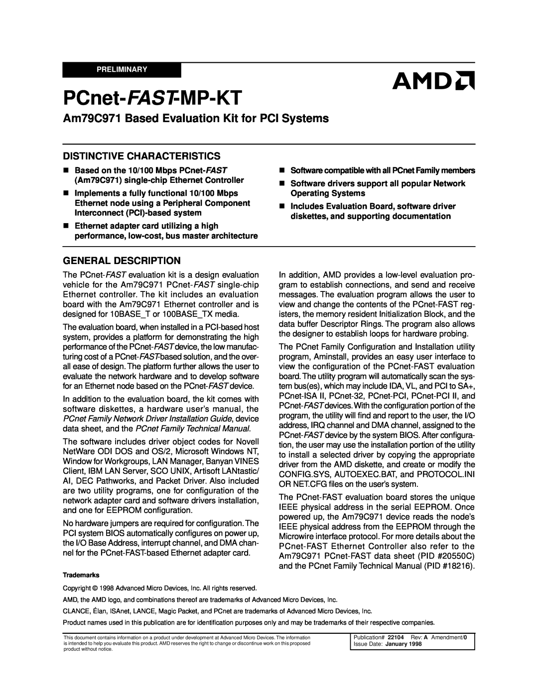 AMD AM79C971 technical manual PCnet-FAST-MP-KT, Am79C971 Based Evaluation Kit for PCI Systems, Distinctive Characteristics 