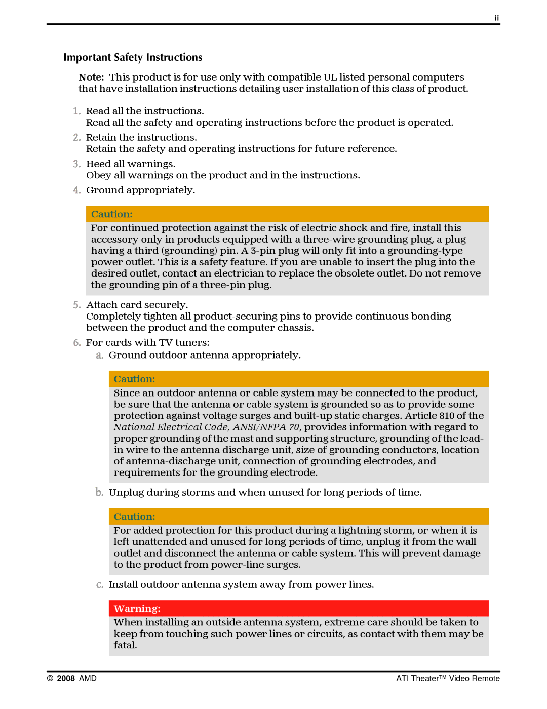 AMD ATI Theater manual Important Safety Instructions 